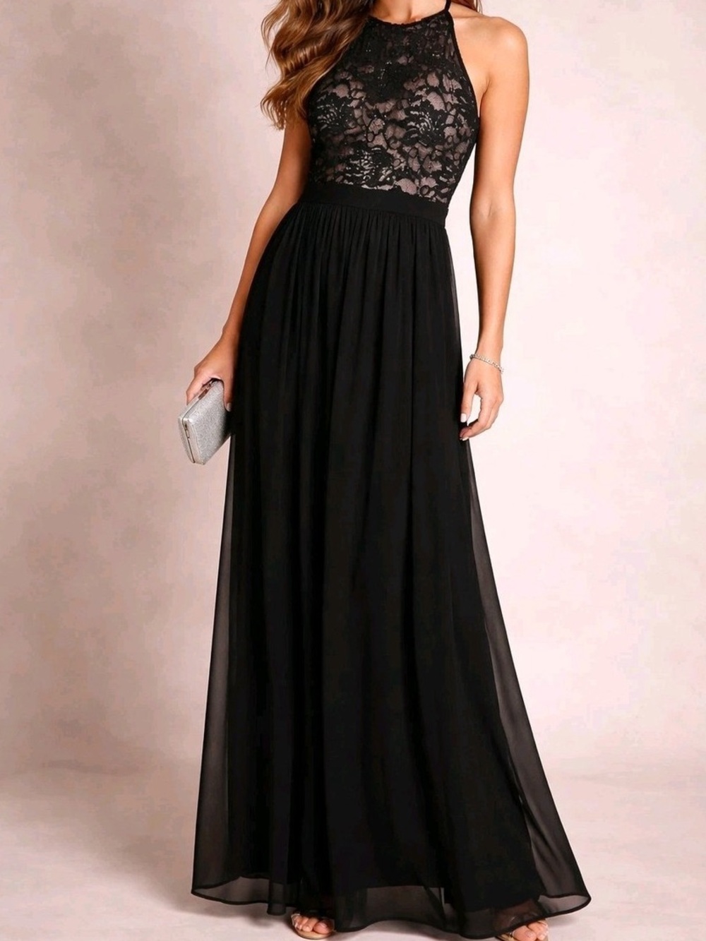 NWT Morgan & Co Lace Sequin Halter Neck Illusion Formal Evening Gown Black 1/2
